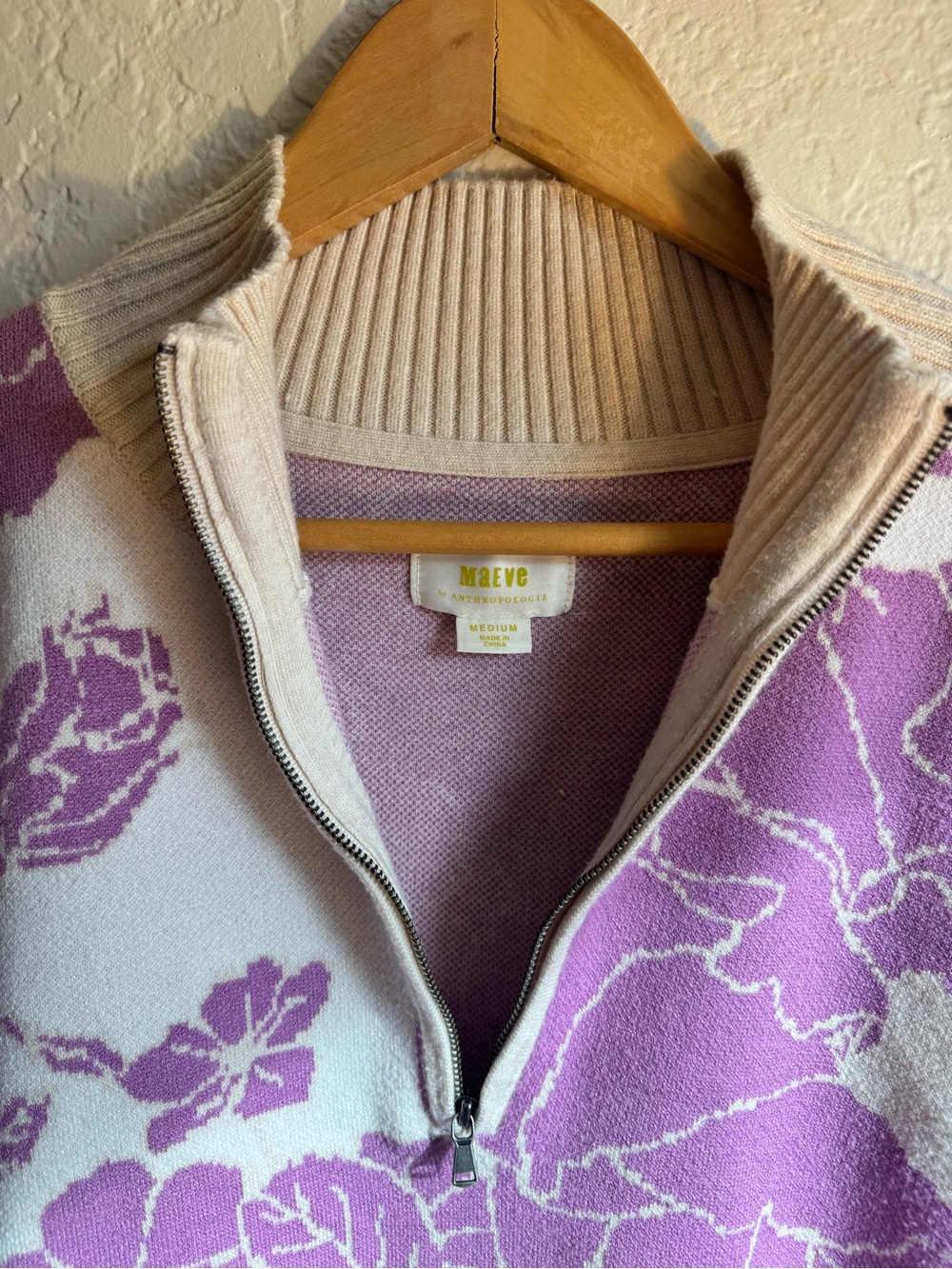 Anthropologie Maeve Montana Floral Mock-Neck Half-Zip Knit Sweater Lilac Cream - Picture 5 of 9